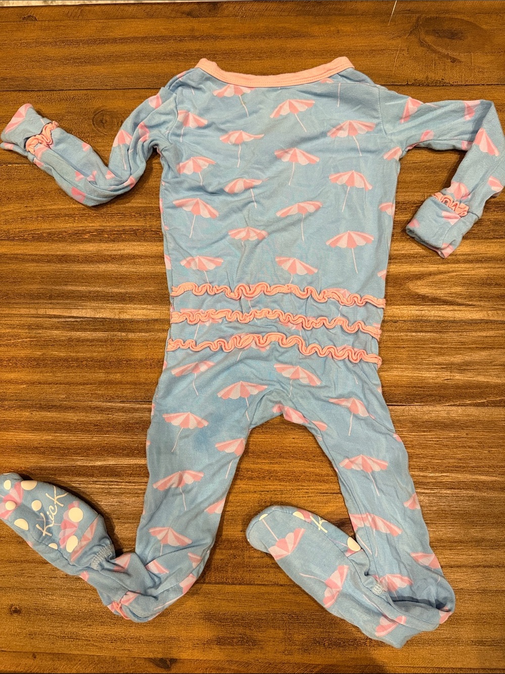 Kickee Pants 9-12M Baby Girls Blue & Pink Umbrella Print One-Piece Pajamas - Picture 3 of 4
